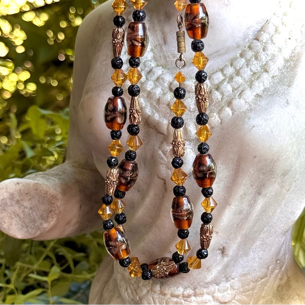 Rare Vintage Murano Glass & Gold Tone Sculptural Floral Beaded Necklace, 27.5”
